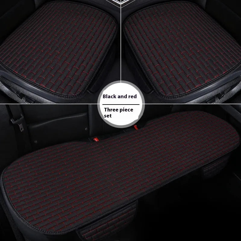 Linen car seat cushion three-piece protective pad with ventilation and sponge filler in black, black and red, grey, brown, or beige