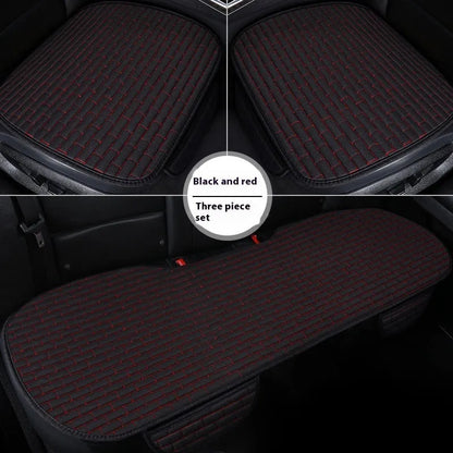 Linen car seat cushion three-piece protective pad with ventilation and sponge filler in black, black and red, grey, brown, or beige