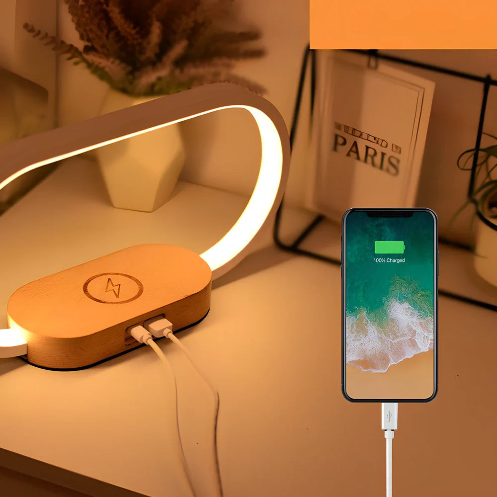 Wooden clock bedside table lamp with touch dimming control and USB power supply in wood grain finish