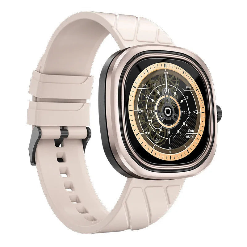 Black silicone band smart watch showing time on its 1.32-inch colour touch screen.
