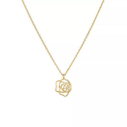 French Retro Hollow Rose Sterling Silver Necklace in gold and white finishes