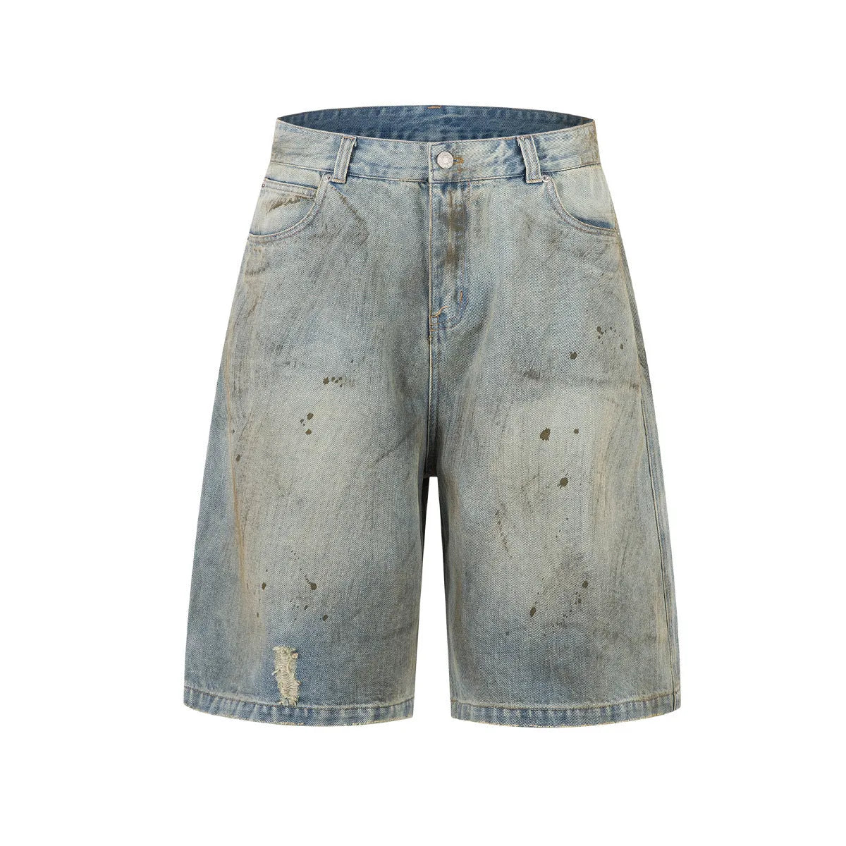 Blue denim cropped middle pants with straight-leg style and zipper fly closure on a street fashion background