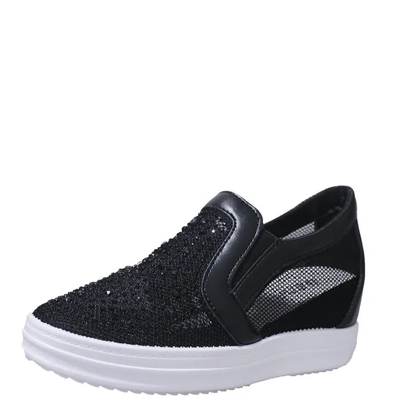 Women's black and white mesh slip-on wedge shoes with rubber sole and round toe
