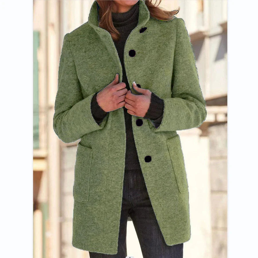 Fashionable woolen coat with stand collar, pockets, and button closure for women's fall and winter outerwear