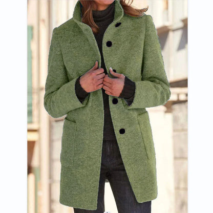 Fashionable woolen coat with stand collar, pockets, and button closure for women's fall and winter outerwear