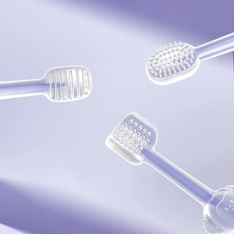 Silicone pet toothbrush with long handle in blue, green, and purple colour options