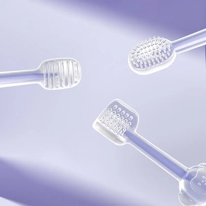 Silicone pet toothbrush with long handle in blue, green, and purple colour options