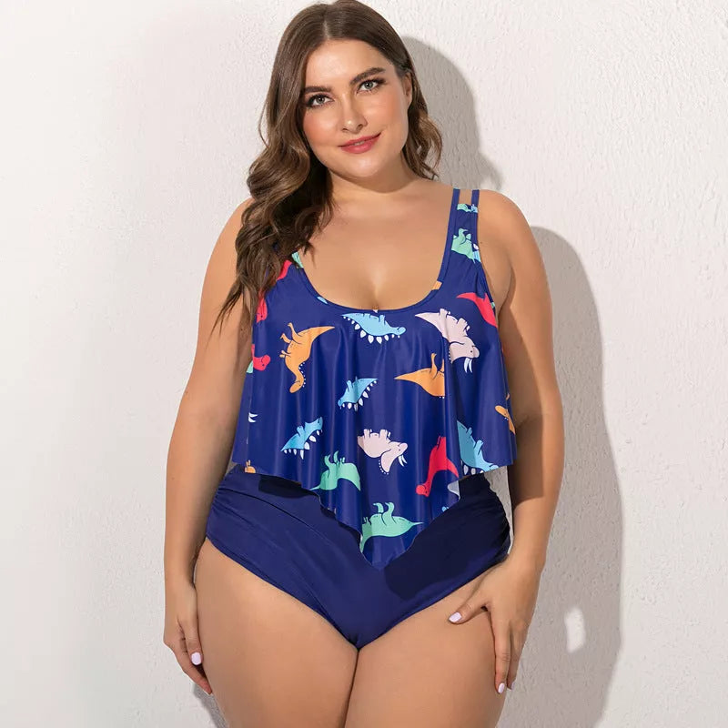 Plus size split swimsuit for women in various colors and patterns, chlorine-resistant fabric