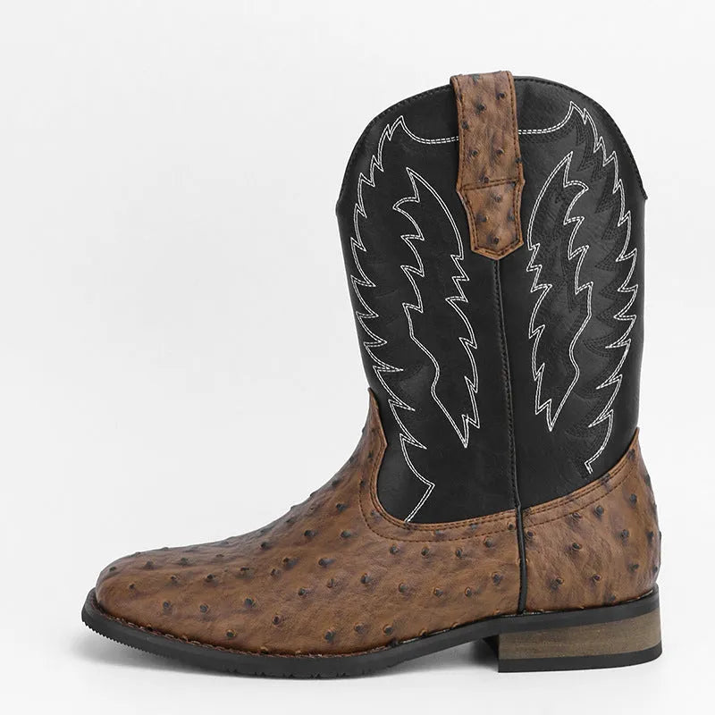 Men's black western denim square toe motorcycle boots with low wedge heel and embroidery detail.