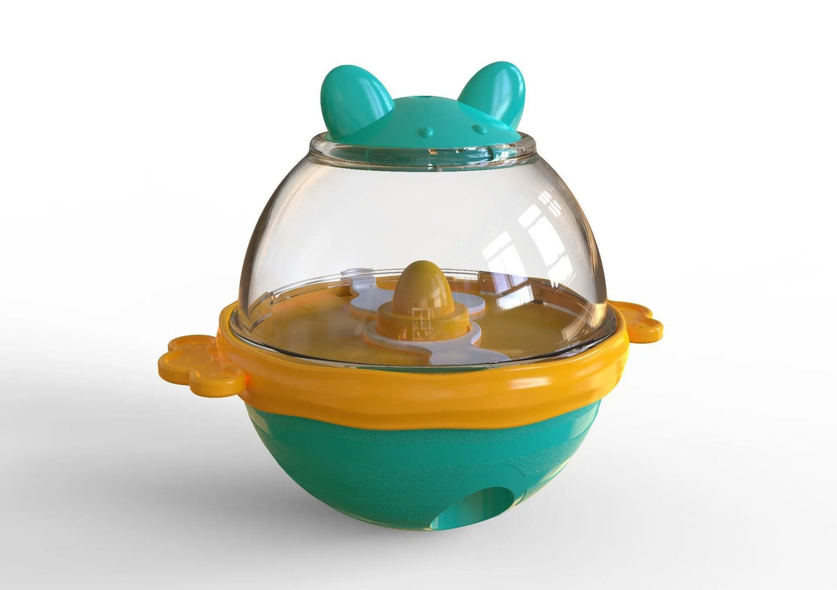 Yellow TPR dog leakage feeder puzzle toy for slow feeding, shown next to lake blue version.