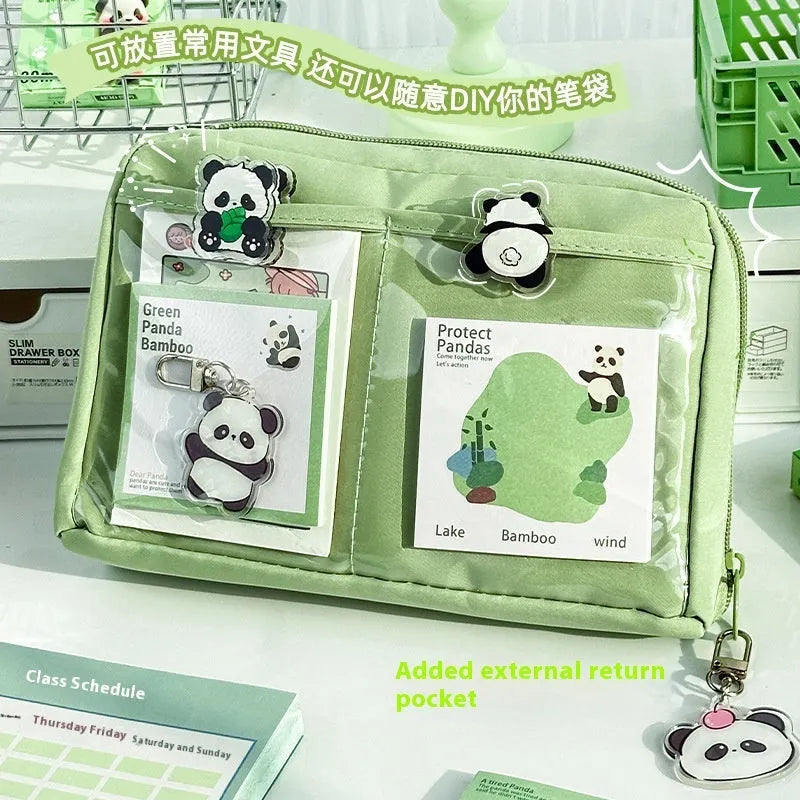 Green canvas pencil case with panda design featuring 12 storage layers for stationery organisation