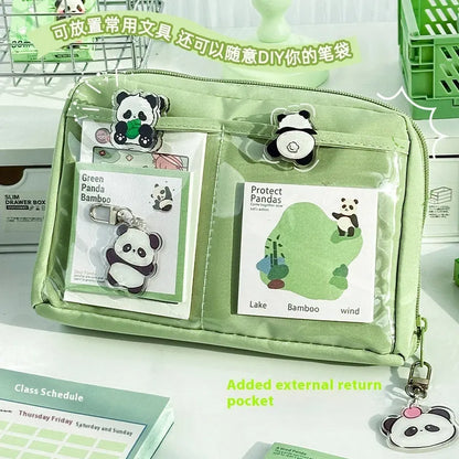 Green canvas pencil case with panda design featuring 12 storage layers for stationery organisation