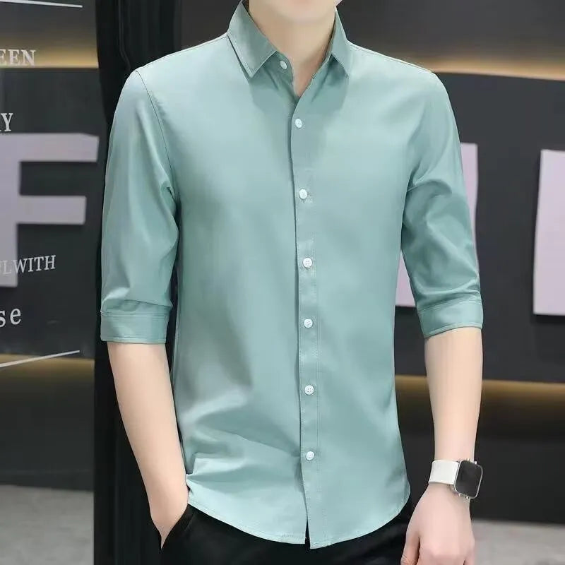 Men's slim-fit half-sleeve summer shirt in silk and linen blend fabric with non-ironing feature