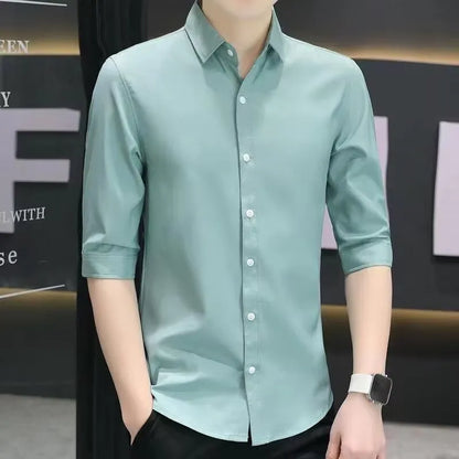 Men's slim-fit half-sleeve summer shirt in silk and linen blend fabric with non-ironing feature