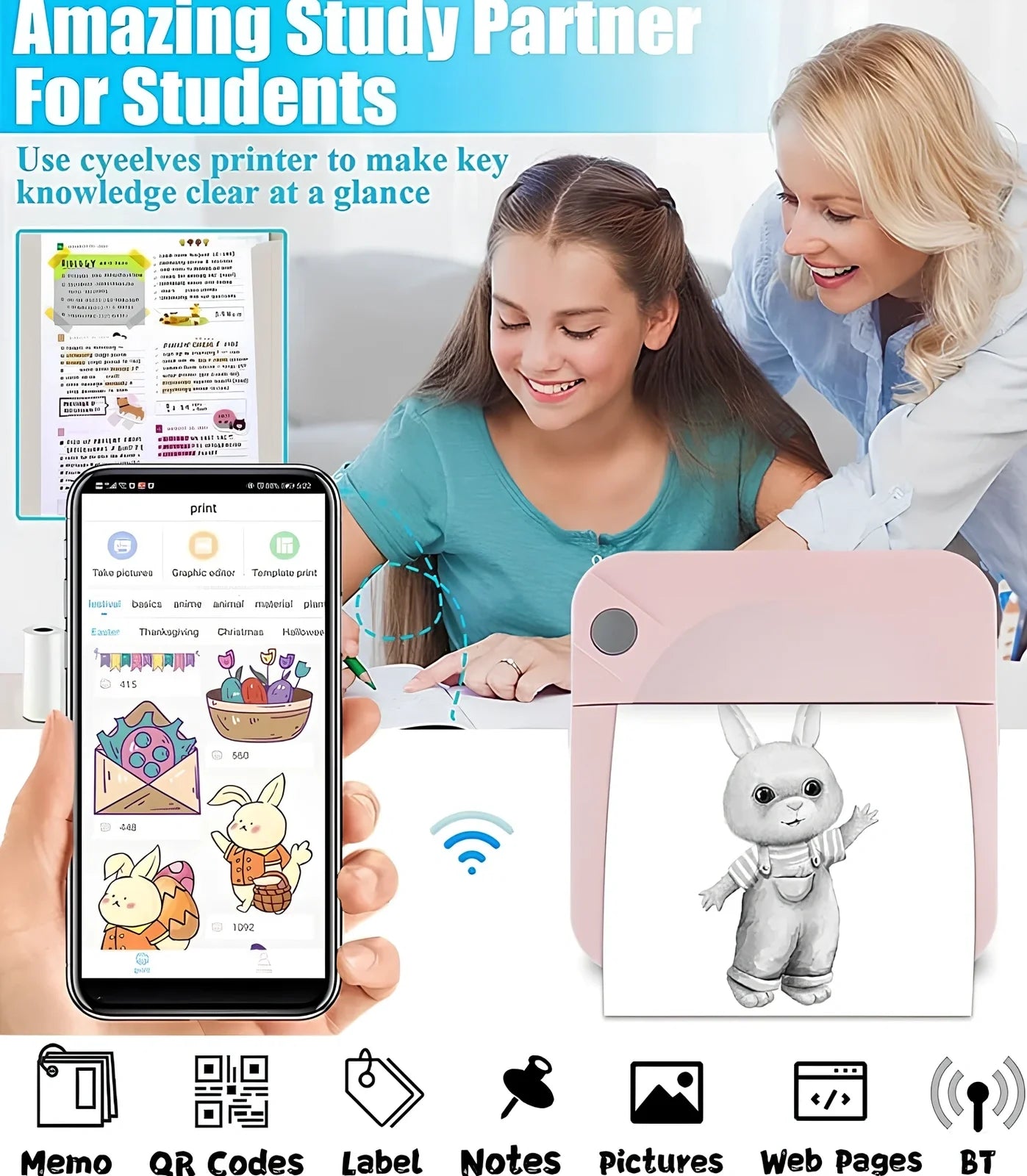 Blue mini thermal printer measuring 80x80x35mm with Bluetooth connectivity for student study organisation