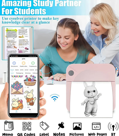 Blue mini thermal printer measuring 80x80x35mm with Bluetooth connectivity for student study organisation