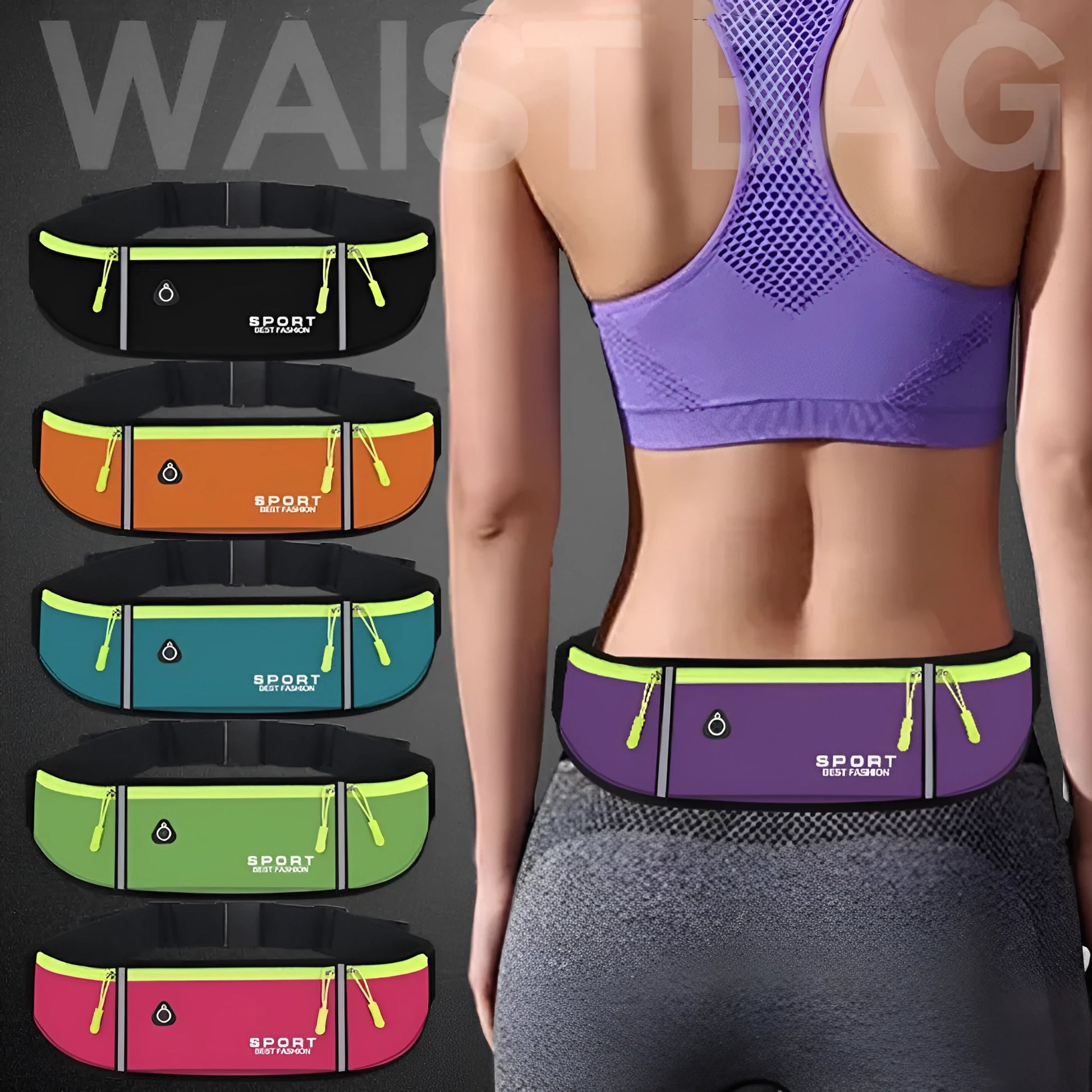 A waterproof Oxford cloth running waist bag in a choice of colours, showing multiple pocket options and anti-theft design.