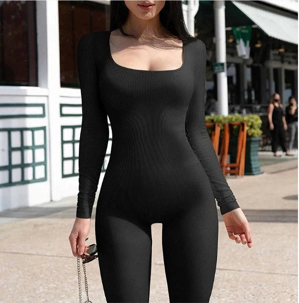Sculpting shapewear jumpsuit in black, white, and coffee colors with slimming design and tummy control features