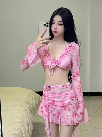 Women's floral bikini set in cherry blossom pink with polyester fabric, sizes S to XL for UK beach or hot spring use