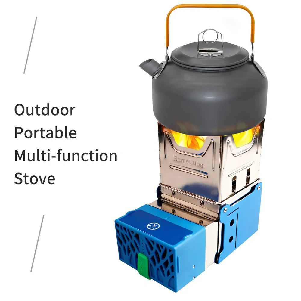 Light blue portable wood-burning camping stove with one-piece furnace body for outdoor cooking