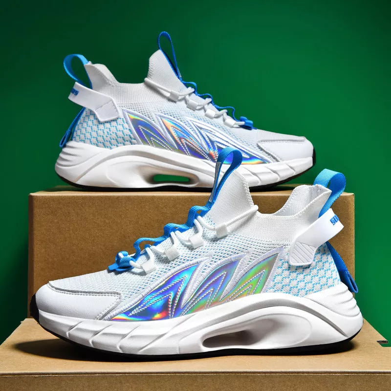 Men's Ultralight Flying Woven Breathable Sequin Lace-up Shoes in Black, White moon, and Black orange