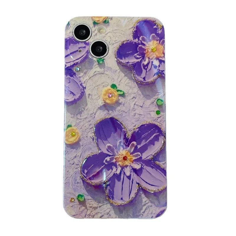 Purple soft rubber phone case with epoxy oil painting flower and blue diamond inlay design