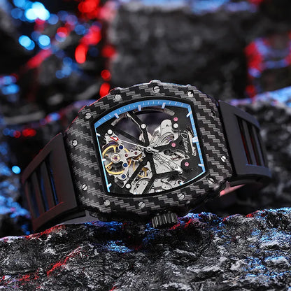 Mechanical waterproof luminous men's watch with black dial and see-through caseback on rubber strap