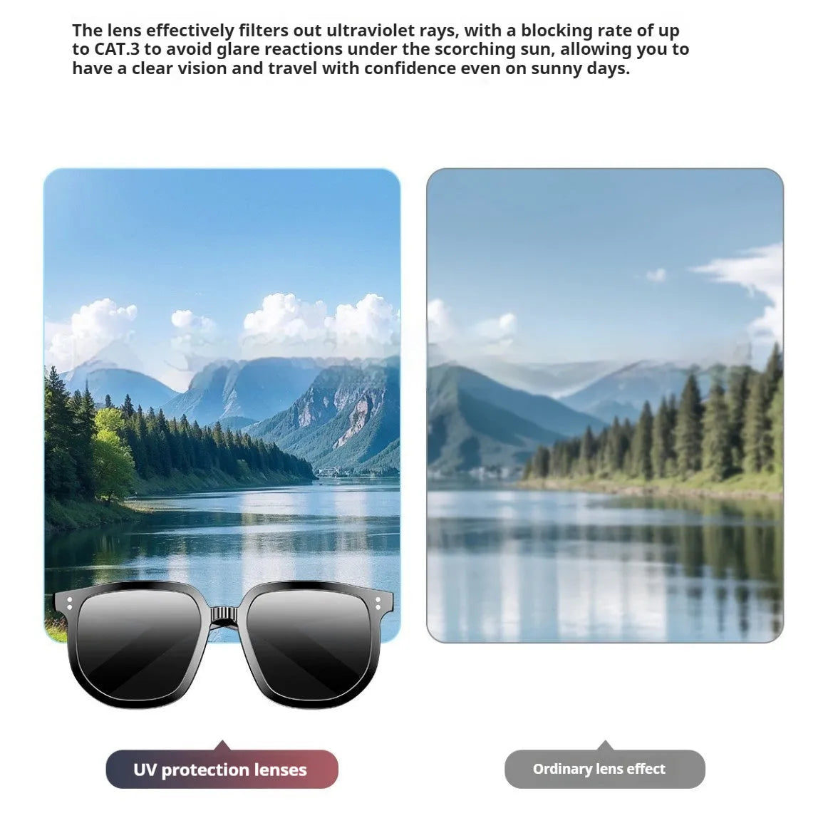 Black AI Smart Glasses with Bluetooth audio, showing touch controls on temple arm and UV400 lenses.