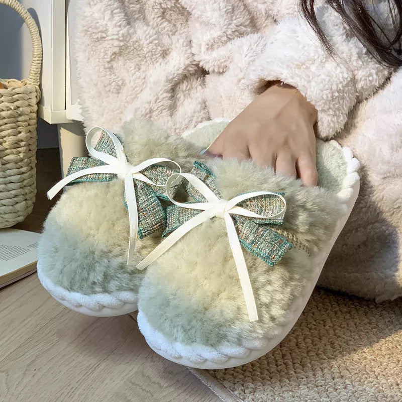 Women's bow tie cotton slippers with plush interior in beige, green, and khaki