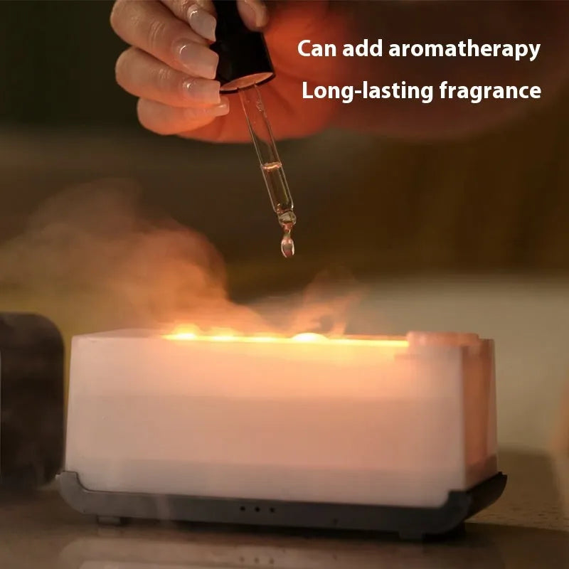 Black and white USB aromatherapy diffuser showing flame simulation and humidifier mist.