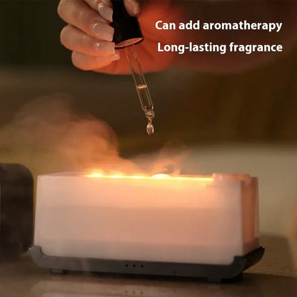 Black and white USB aromatherapy diffuser showing flame simulation and humidifier mist.