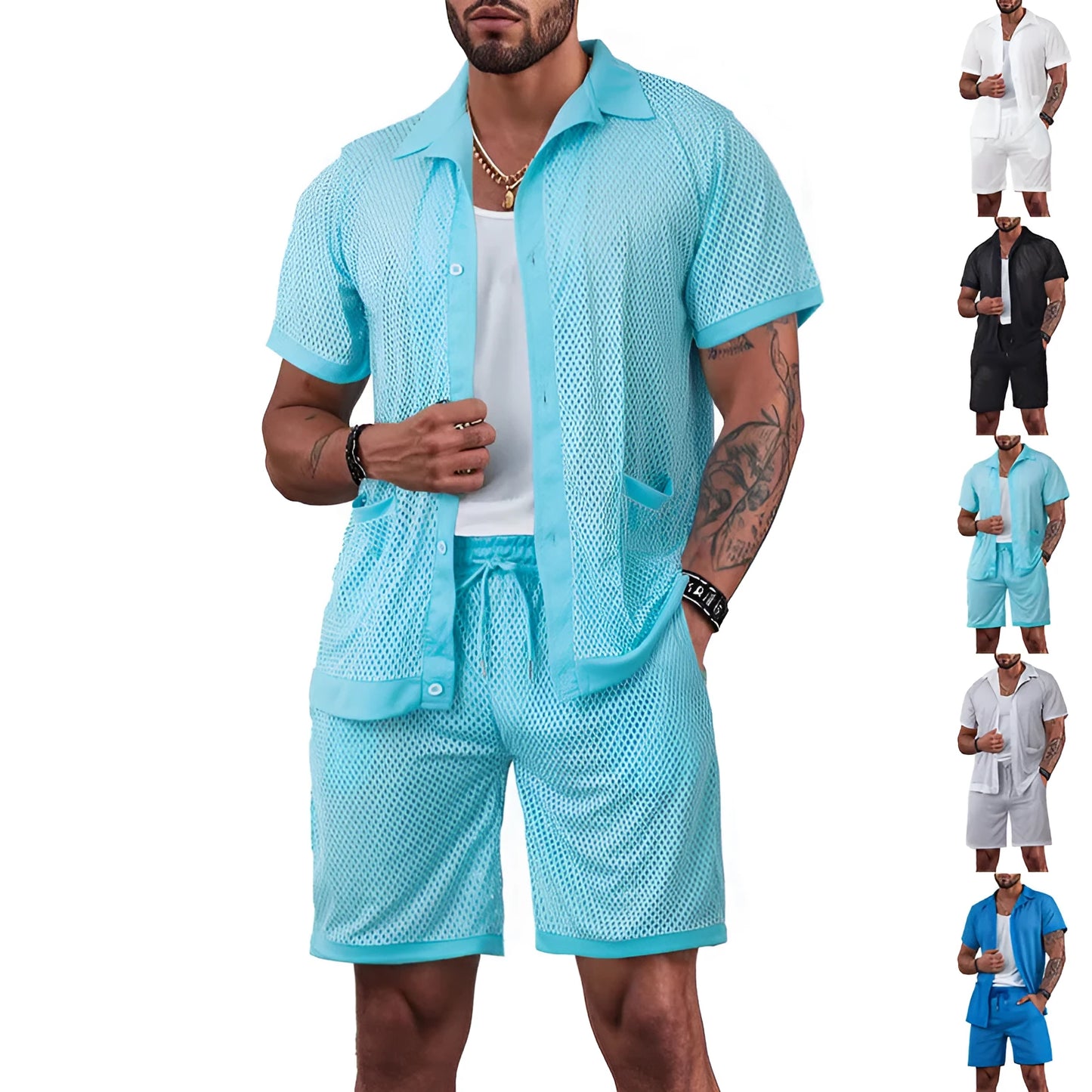 Women's lake blue see-through short sleeve cardigan and matching shorts beach cover-up set laid flat.