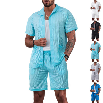 Women's lake blue see-through short sleeve cardigan and matching shorts beach cover-up set laid flat.