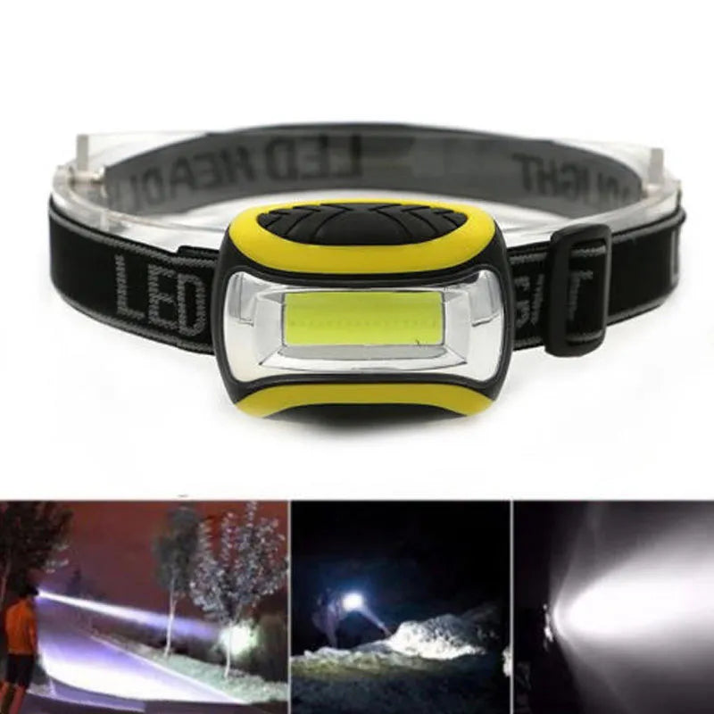 Yellow plastic headlamp with adjustable headband and COB LED light, showing three-speed control buttons.