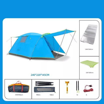 Four-person outdoor camping tent with rain and sun protection, double-decker design