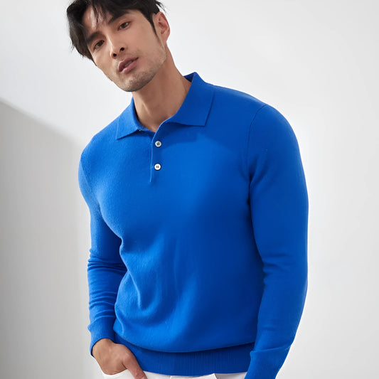 Men's sapphire blue cashmere pullover sweater with a polo collar, laid flat.