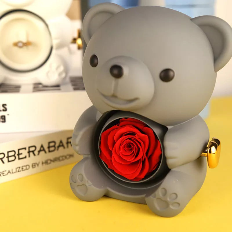 Eternal Rose Teddy Bear Jewelry Box with rotating drawer and preserved rose