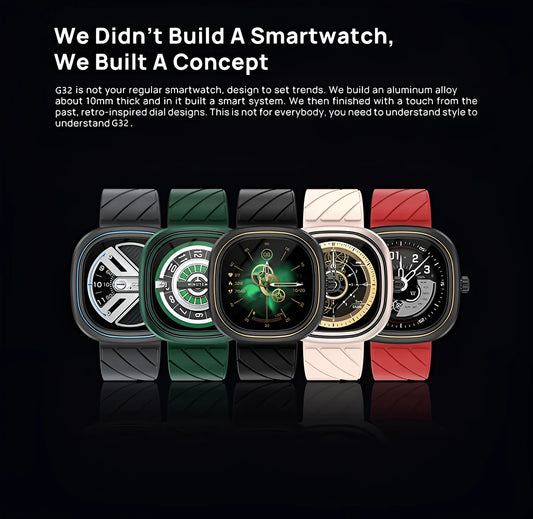Black silicone band smart watch showing time on its 1.32-inch colour touch screen.