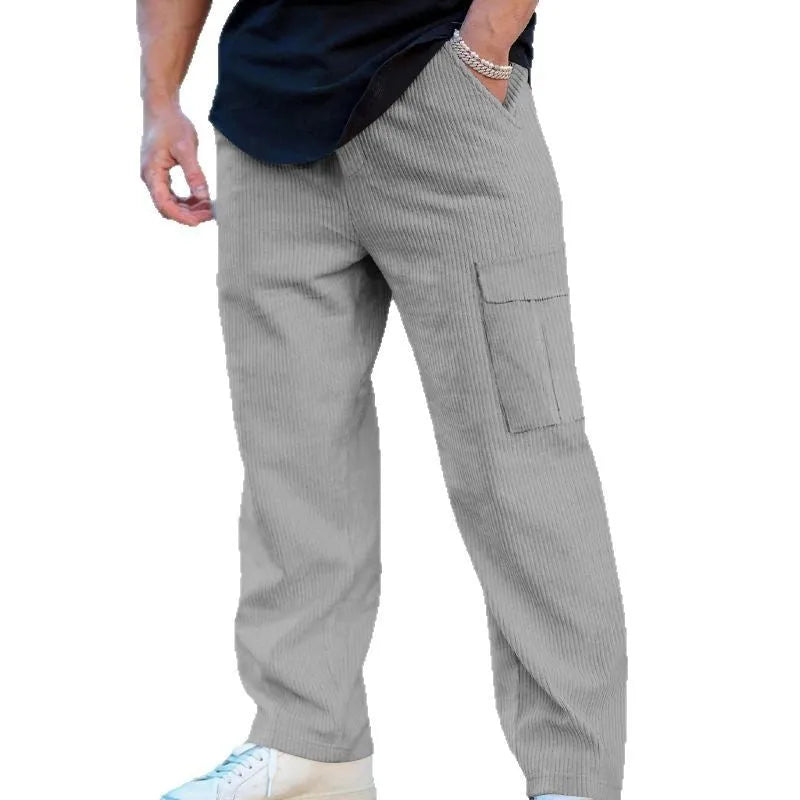 Autumn Retro Leisure Cargo Men's Versatile Loose-fitting Wide-leg Trousers: Straight-leg corduroy trousers with micro-elastic waist and drawstring closure for adjustable fit across six sizes from S to XXXL