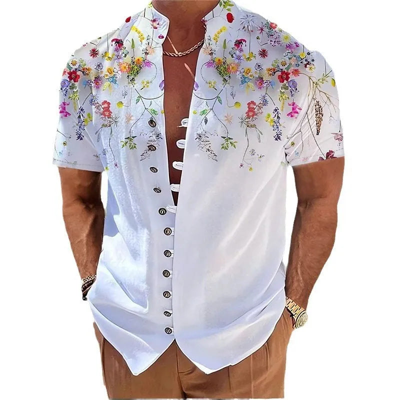 Youth wearing geometric floral print short sleeve cardigan shirt in chemical fibre blend fabric