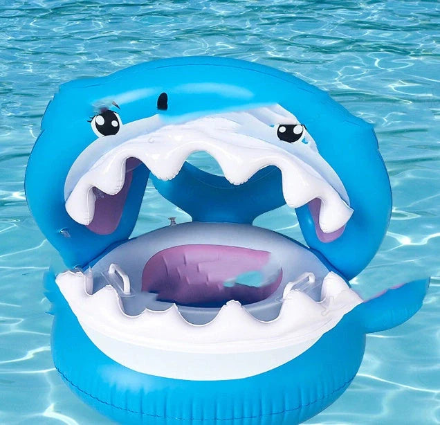 Inflatable shark seat ring for kids with sun awning, blue color