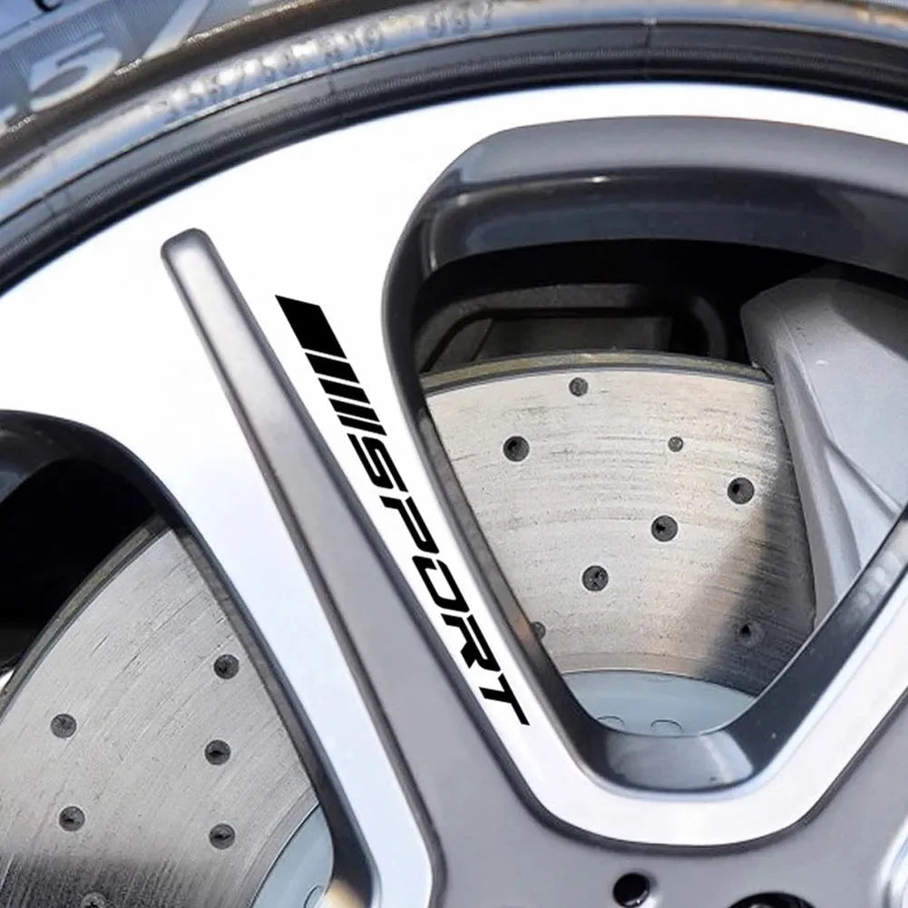 PET car rim stickers with hollow sports pattern in red, black, and white for alloy wheel decoration
