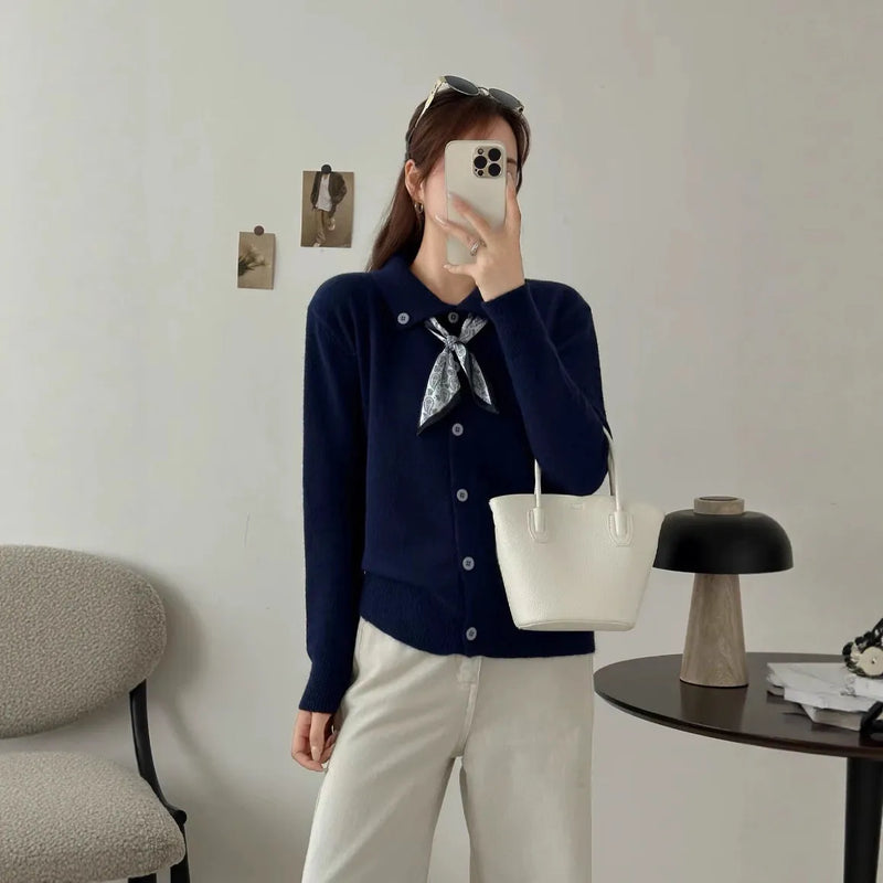 Lazy Fashion Lapel Scarf Sweater: Cardigan-style acrylic knit with long sleeves and splicing details, available in free size with four colour options including milky white and navy blue.