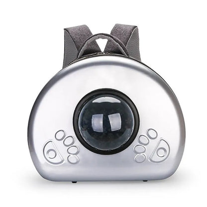 Transparent space capsule cat carrier with metallic front cover in choice of rose gold, silver, or champagne gold