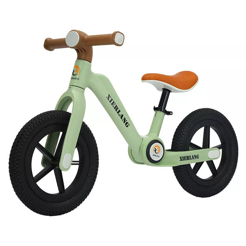 Foldable kids balance bike in grass green, light brown, or pink purple, sizes 12inch and 14inch