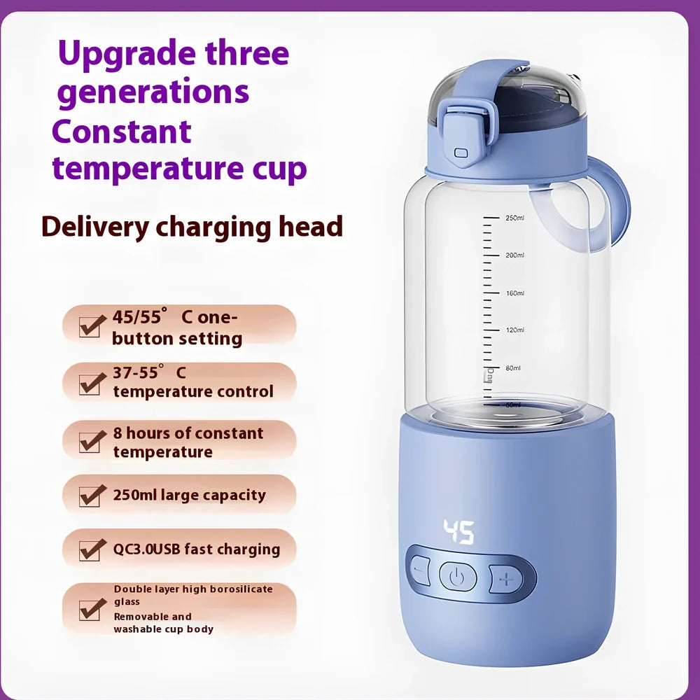 Wireless portable milk mixer with glass construction maintaining constant 37°C temperature for baby formula