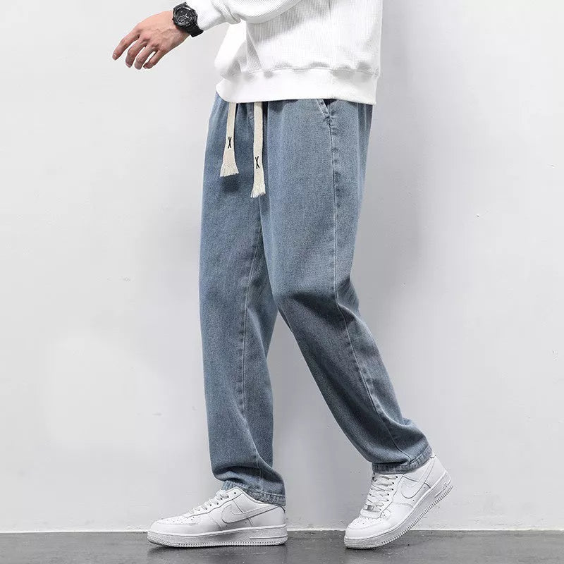 Men's summer loose wide-leg jeans with drawstring elastic waist in various colors