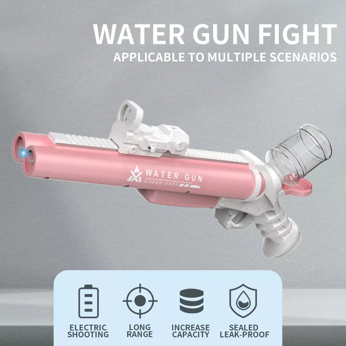 Double-shot hole electric water gun toy for teenagers in blue, pink, and black