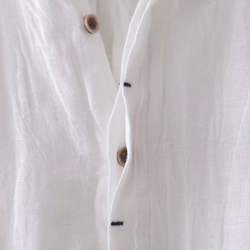 Men's solid color retro distressed linen shirt in white, blue, and gray
