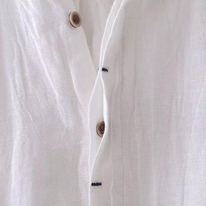 Men's solid color retro distressed linen shirt in white, blue, and gray
